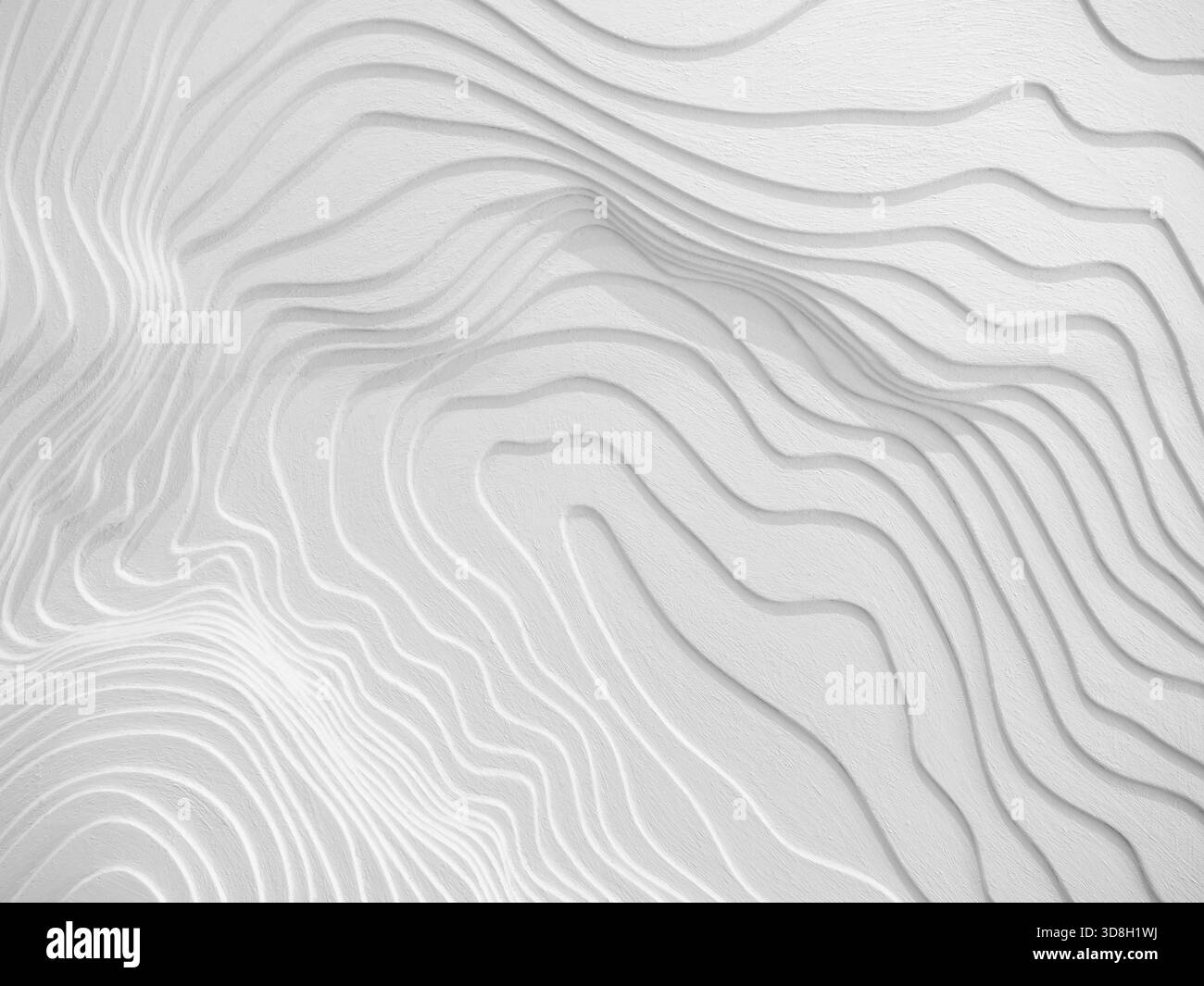 Sfondo bianco astratto con linee topografiche 3D e curve ondulate. Design con texture minimal, ideale per presentazioni di lusso, architettura pulita, minimale Foto Stock