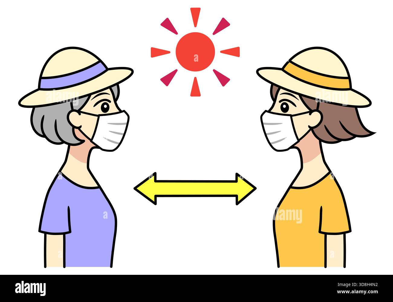 sole e freccia a due teste tra due donne di fronte l'un l'altra con maschere mediche Foto Stock