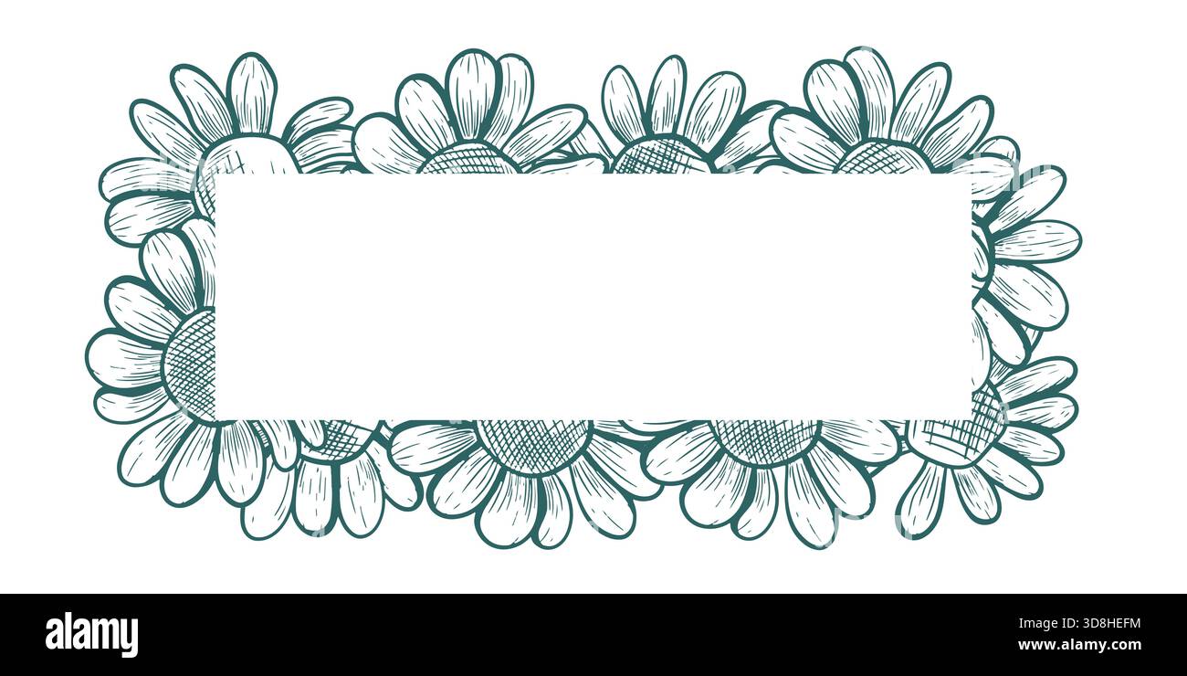 Telaio rettangolare con margherite. Cornice vettoriale in stile line art. Disegno botanico di fiori selvatici. Realizzato in una popolare tonalità turchese scuro. Natura e. Foto Stock