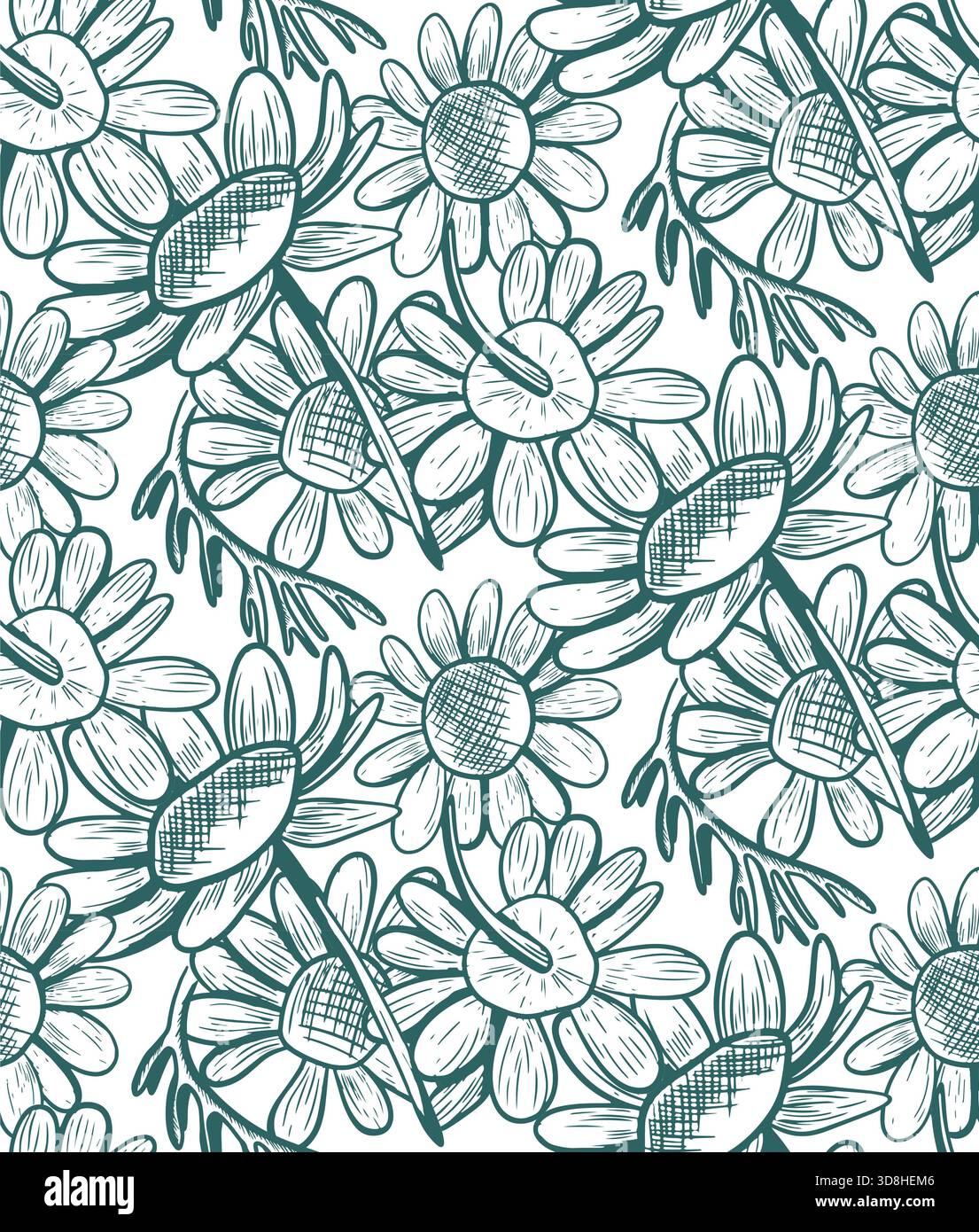 Un motivo vettoriale senza cuciture con fiori a margherita in un colore popolare. Un'illustrazione botanica monocromatica con fiori selvatici. Disegni a linee disegnati a mano con f Foto Stock