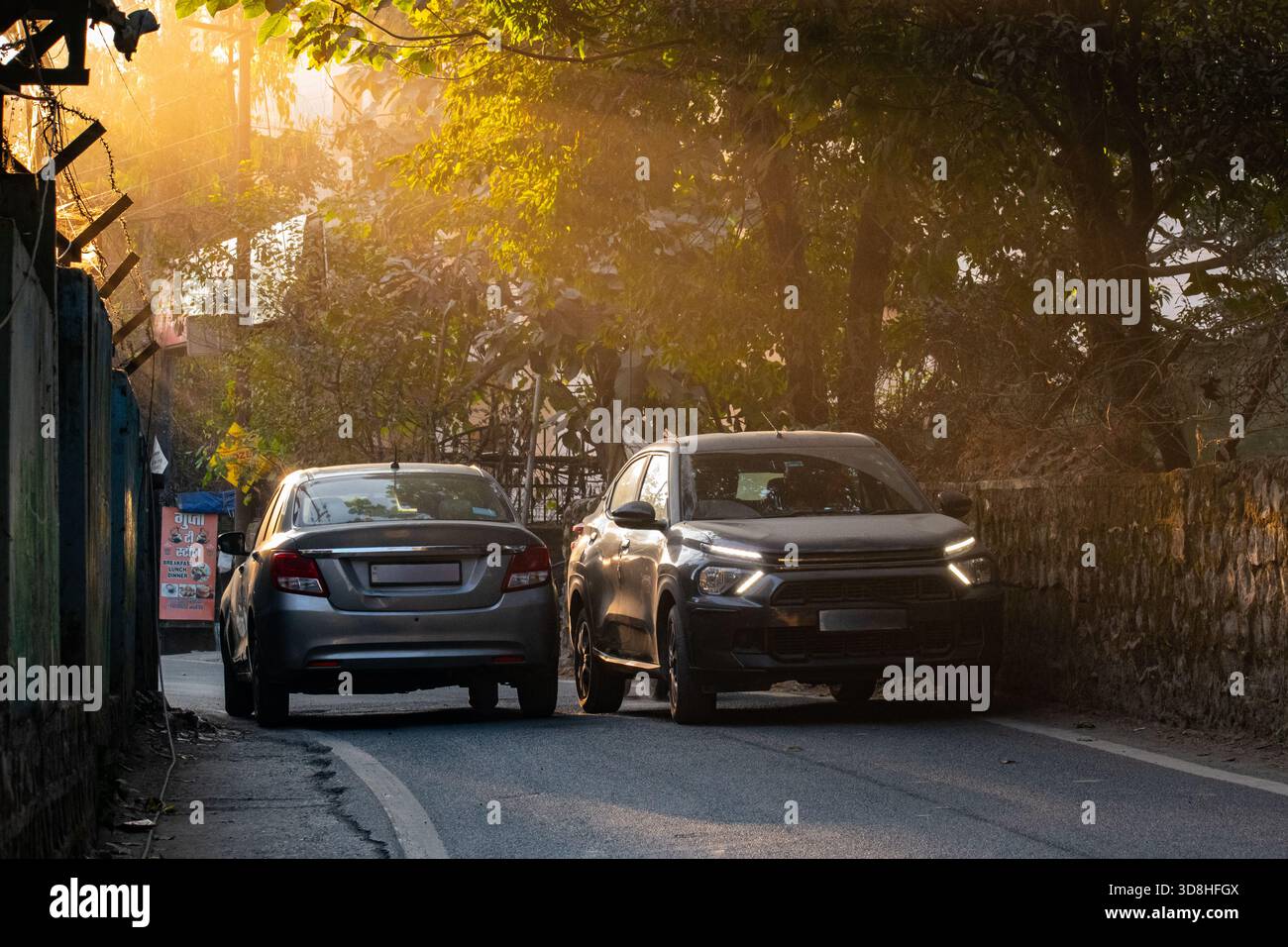 Due auto si passano con attenzione su una stretta strada a senso unico in India Foto Stock
