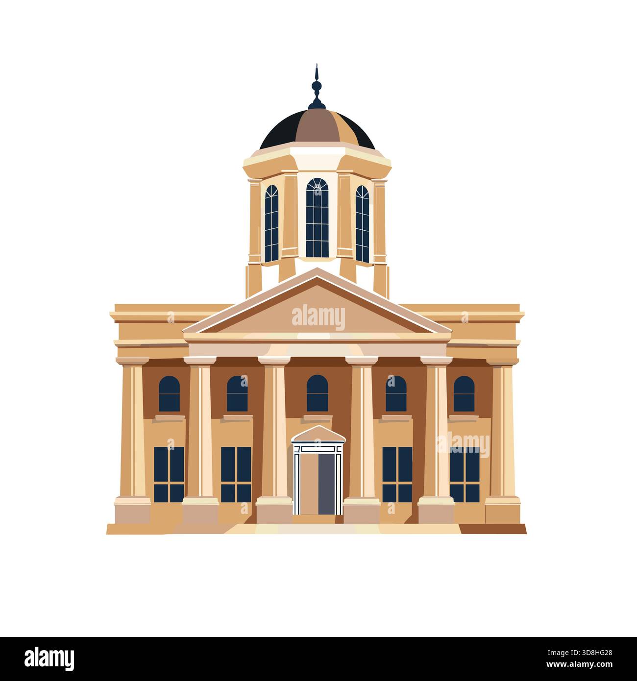 Un edificio signorile con colonne e una cupola si erge su uno sfondo bianco. È probabile che sia un campidoglio o un'altra importante struttura governativa. Illustrazione Vettoriale