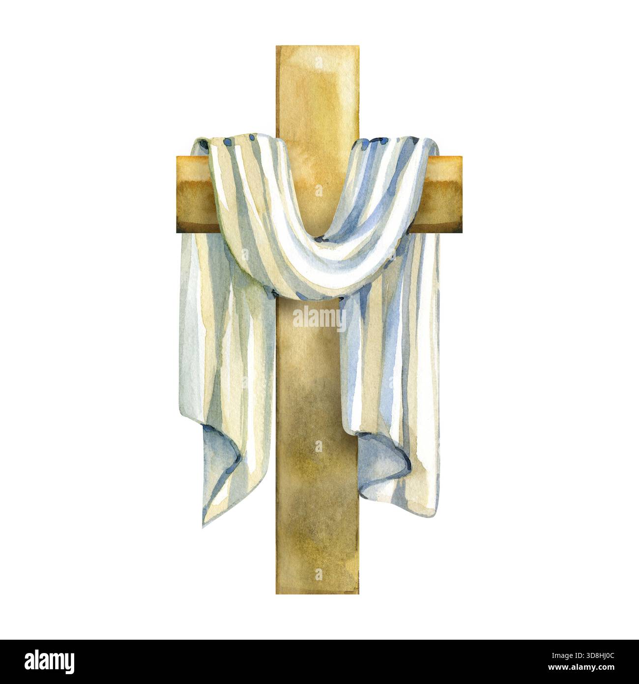 Illustrazione ad acquerello di una croce cristiana con un panno drappeggiato che simboleggia la fede, la speranza e la risurrezione. Colori delicati e texture morbide lo rendono Foto Stock
