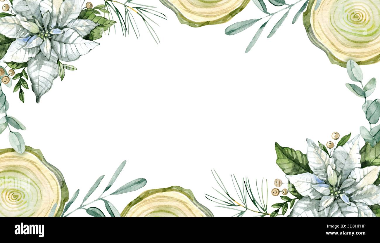 Cornice acquerello con punta bianca, fette di legno e vegetazione. Elegante confine botanico invernale per biglietti di Natale, inviti, vacanze rustiche Foto Stock