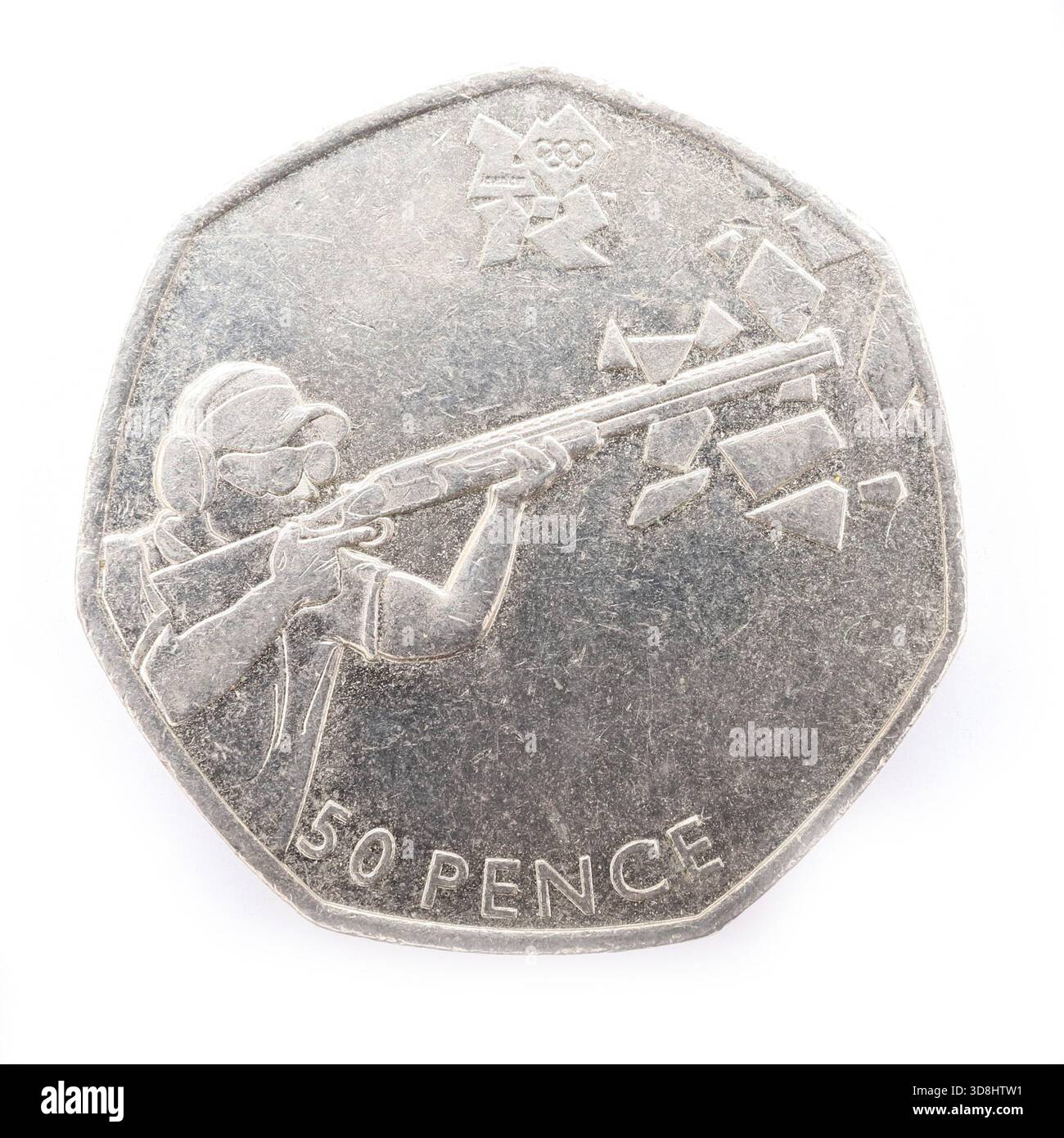 Moneta da 50 pence con il disegno di tiro della collezione dei Giochi Olimpici di Londra 2012. Foto Stock
