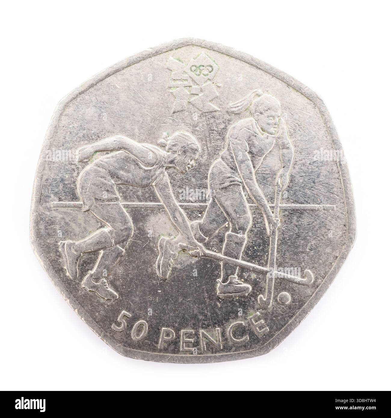 Moneta da hockey olimpica del 2011, moneta da 50 pence, moneta da 50 pence isolata su sfondo bianco. Foto Stock