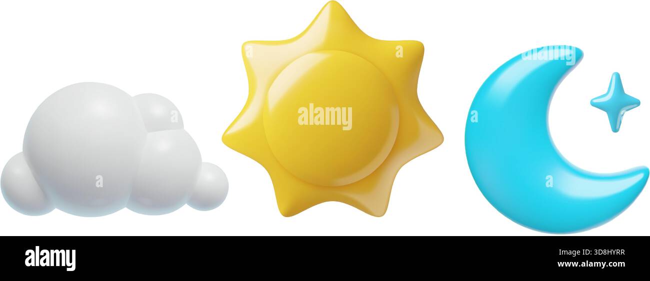 le icone vettoriali in plastica giorno e notte del sole, della luna e delle nuvole 3d sono isolate su sfondo bianco Illustrazione Vettoriale
