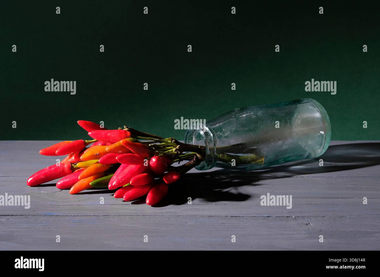 peperoncini rossi caldi nella vecchia bottiglia di vetro su un tavolo dipinto di grigio con sfondo verde Foto Stock