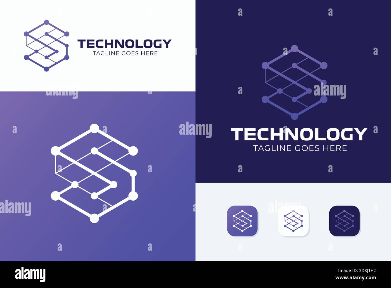 Logo Letter S Technology Business Company di Hexagon Shape con punti e linee di connessione Illustrazione Vettoriale