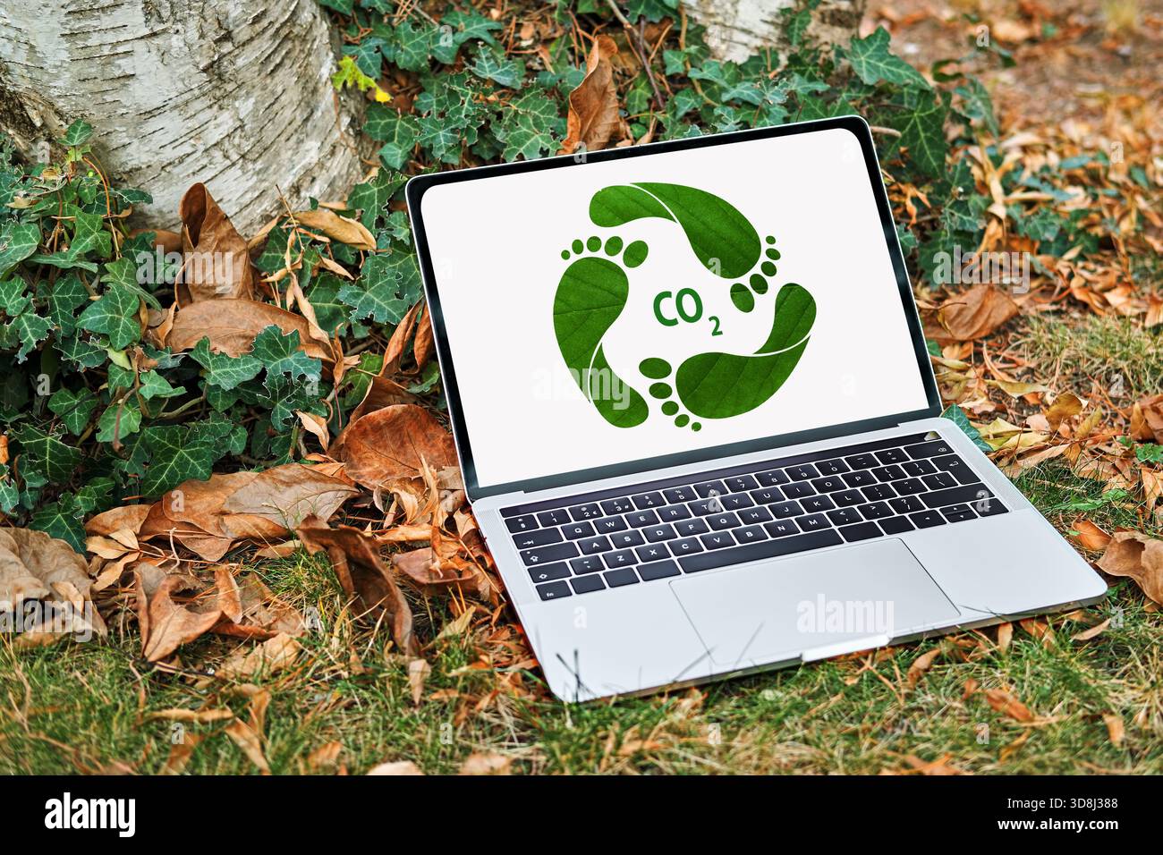 Notebook che mostra un'icona di impronta ecologica con testo CO2, che simboleggia la riduzione delle emissioni di carbonio e la tecnologia sostenibile all'aperto Foto Stock