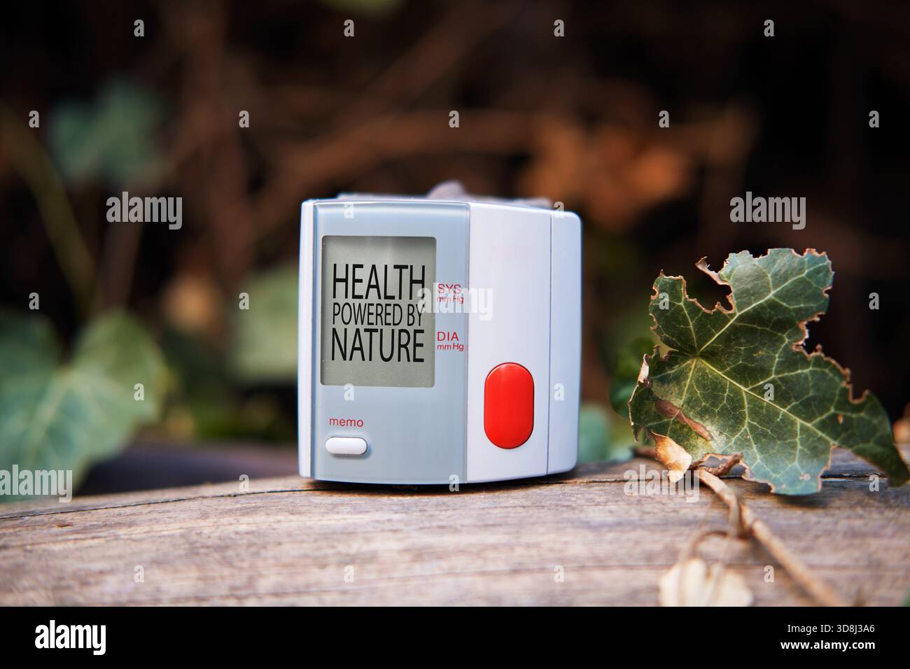 Monitor della pressione sanguigna da polso che mostra LA SALUTE ALIMENTATO DALLA NATURA sullo schermo. Natura e salute. Foto Stock