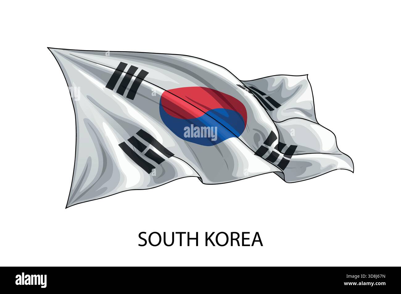 Illustrazione della bandiera della Corea del Sud che mostra i colori nazionali che sventolano su sfondo bianco Illustrazione Vettoriale