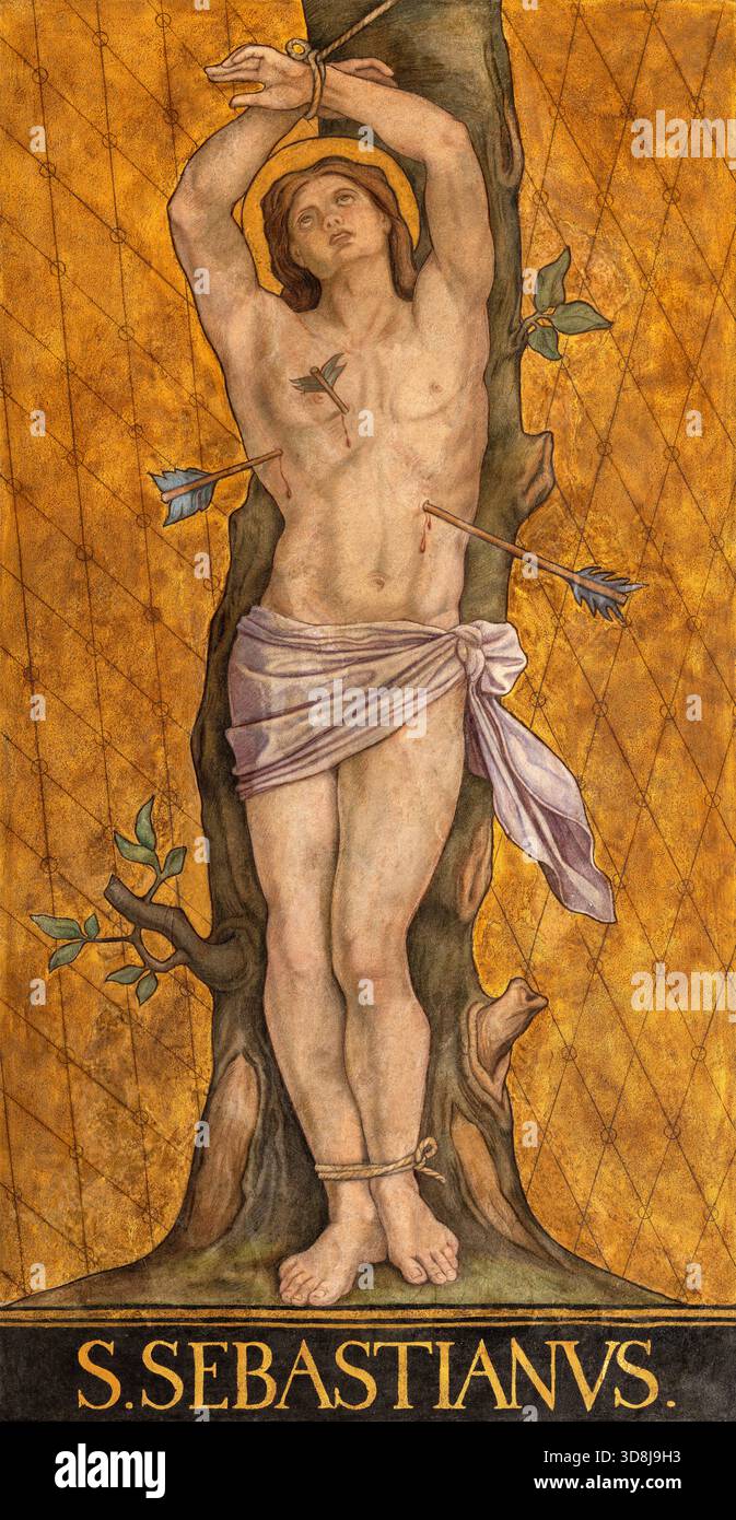 BAD REICHENHALL, GERMANIA - 8 SETTEMBRE 2025: Affresco di San Sebastiano nella chiesa di San Nicola kirche di Moritz von Schwind (1862). Foto Stock