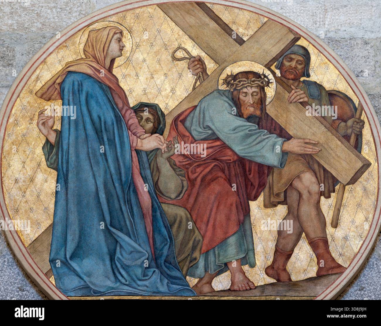 BAD REICHENHALL, GERMANIA - 8 SETTEMBRE 2025: L'affresco Gesù incontra sua madre Maria (stazione di attraversamento) nella chiesa di San Nicola kirche Foto Stock