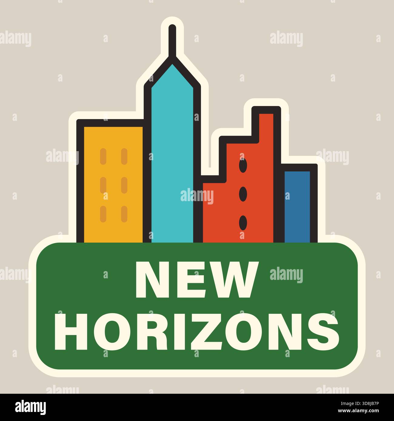 Una grafica in stile adesivo con un piccolo skyline e la frase New Horizons. Illustrazione Vettoriale