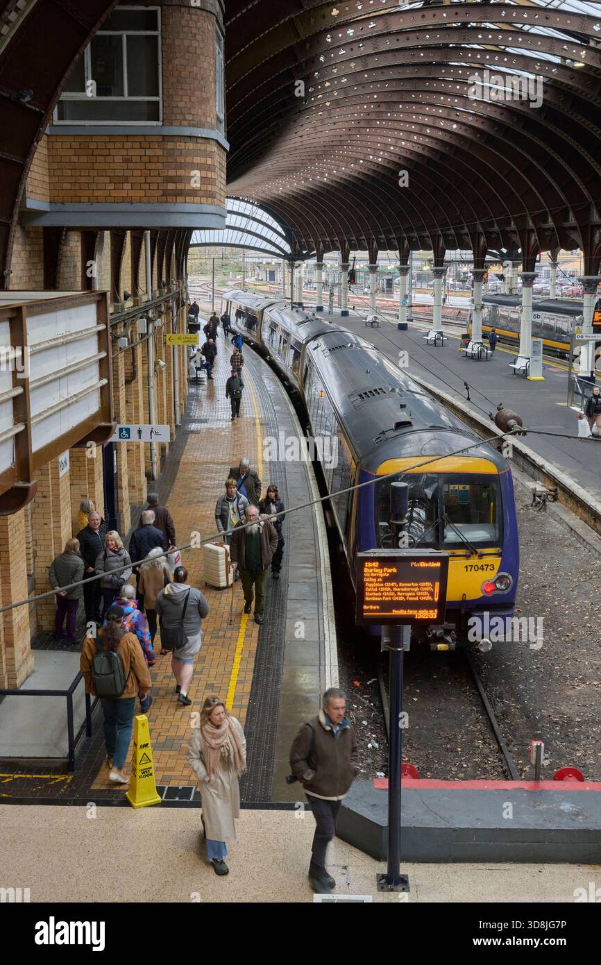 Treni Northern Rail alla stazione ferroviaria di York, North Yorkshire, Northern England, Regno Unito Foto Stock