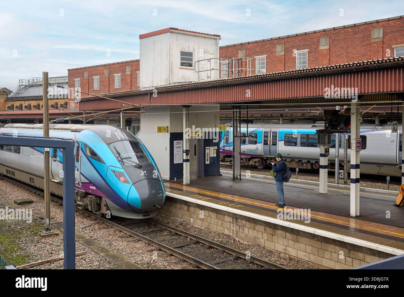 Il Trans Pennine Express si trova alla stazione ferroviaria di York, North Yorkshire, Northern England, Regno Unito Foto Stock