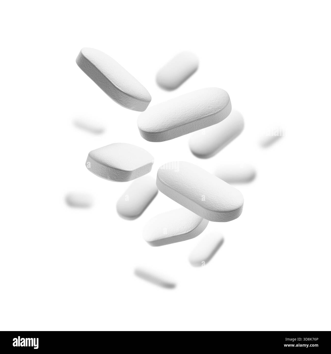 Le compresse bianche si levitano su sfondo bianco. Foto Stock