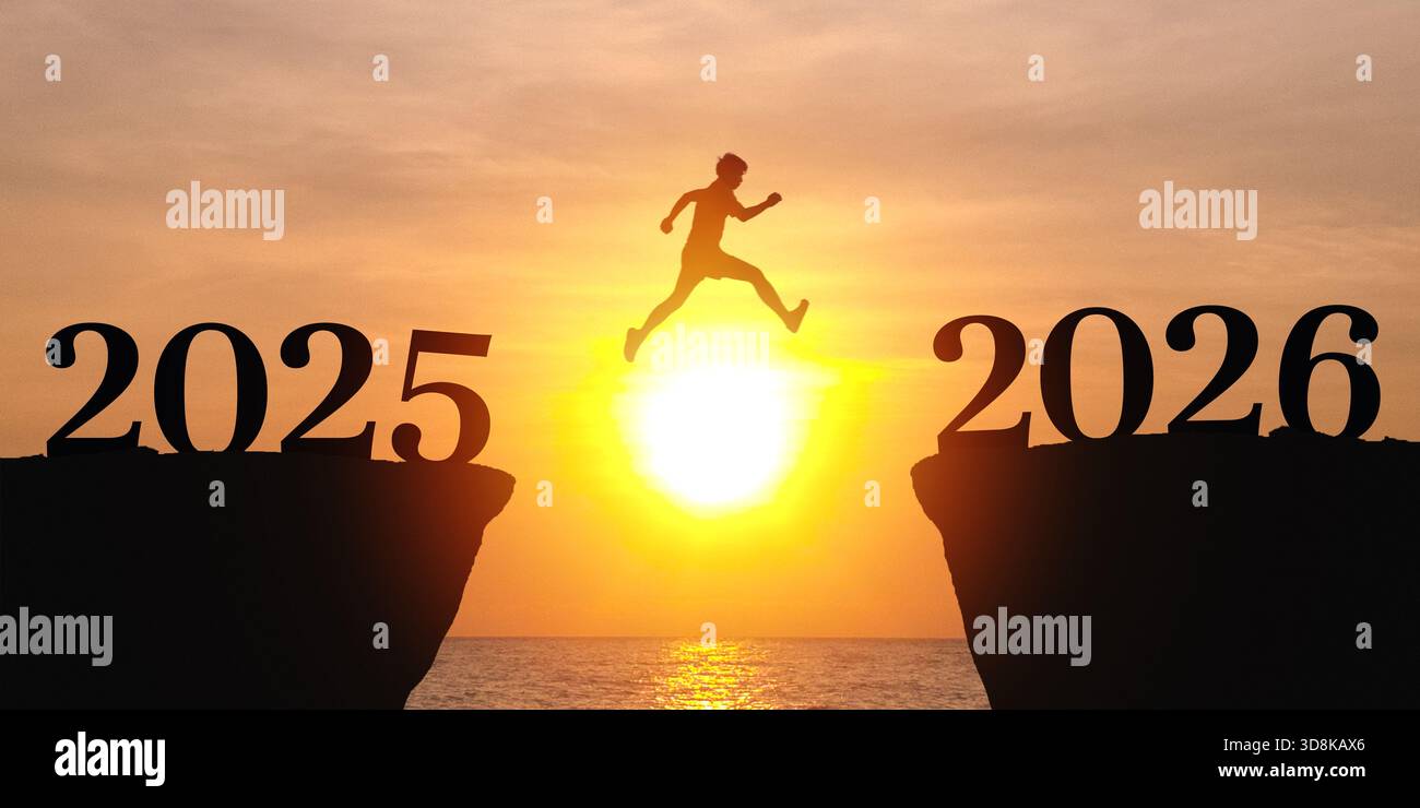 Anno nuovo 2026, ispirazione e progresso verso nuovi successi. sagoma di un popolo che salta fuori da una scogliera con il numero 2025, che si dirige verso Foto Stock