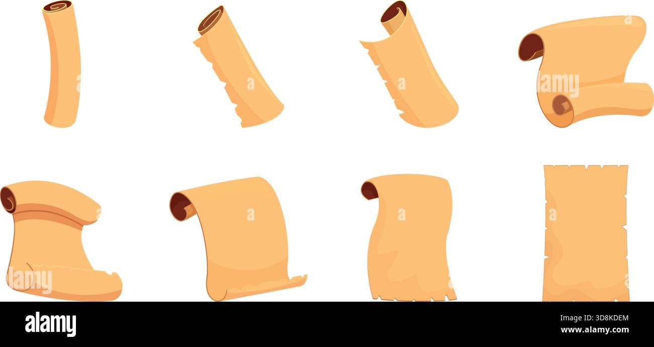 Scorrimento carta vecchio. Processo di apertura del manoscritto antico, animazione step be step. Carte vintage per certificato, mappa del tesoro, foglio di bordi strappati sapid vec Illustrazione Vettoriale