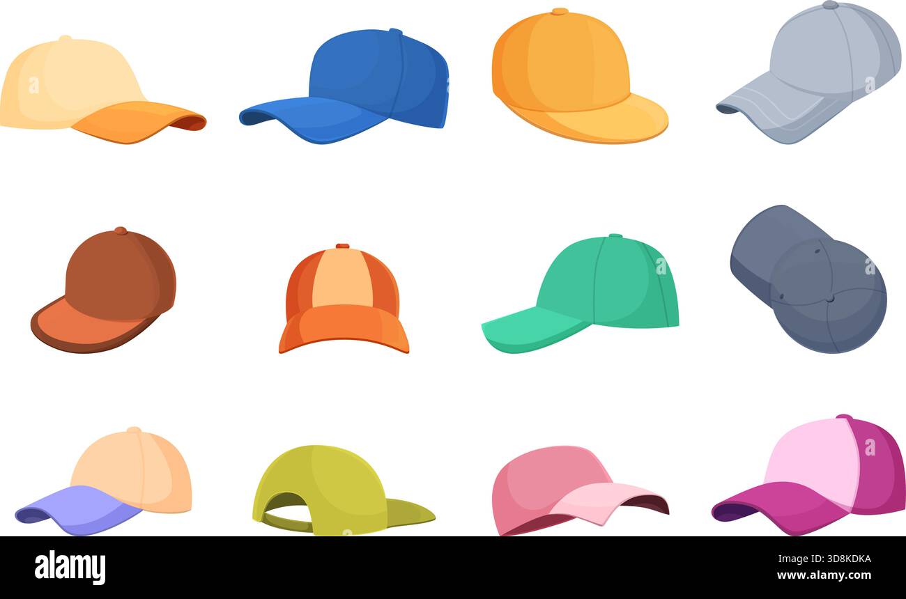 Icone dei tappi Sport isolati. Accessori per la testa per cassieri, promotori, merchandiser, atleti. Fascia di sicurezza estiva per luce e calore, clipart vettoriale sapid Illustrazione Vettoriale