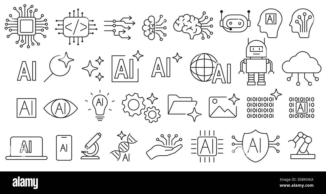 Set di icone minimalistiche che rappresentano l'intelligenza artificiale, l'innovazione e la tecnologia futuristica. Icone dell'intelligenza artificiale. Simboli di apprendimento automatico. Illustrazione della tecnologia AI. Progettazione di reti neurali. Set di vettori robotici Illustrazione Vettoriale