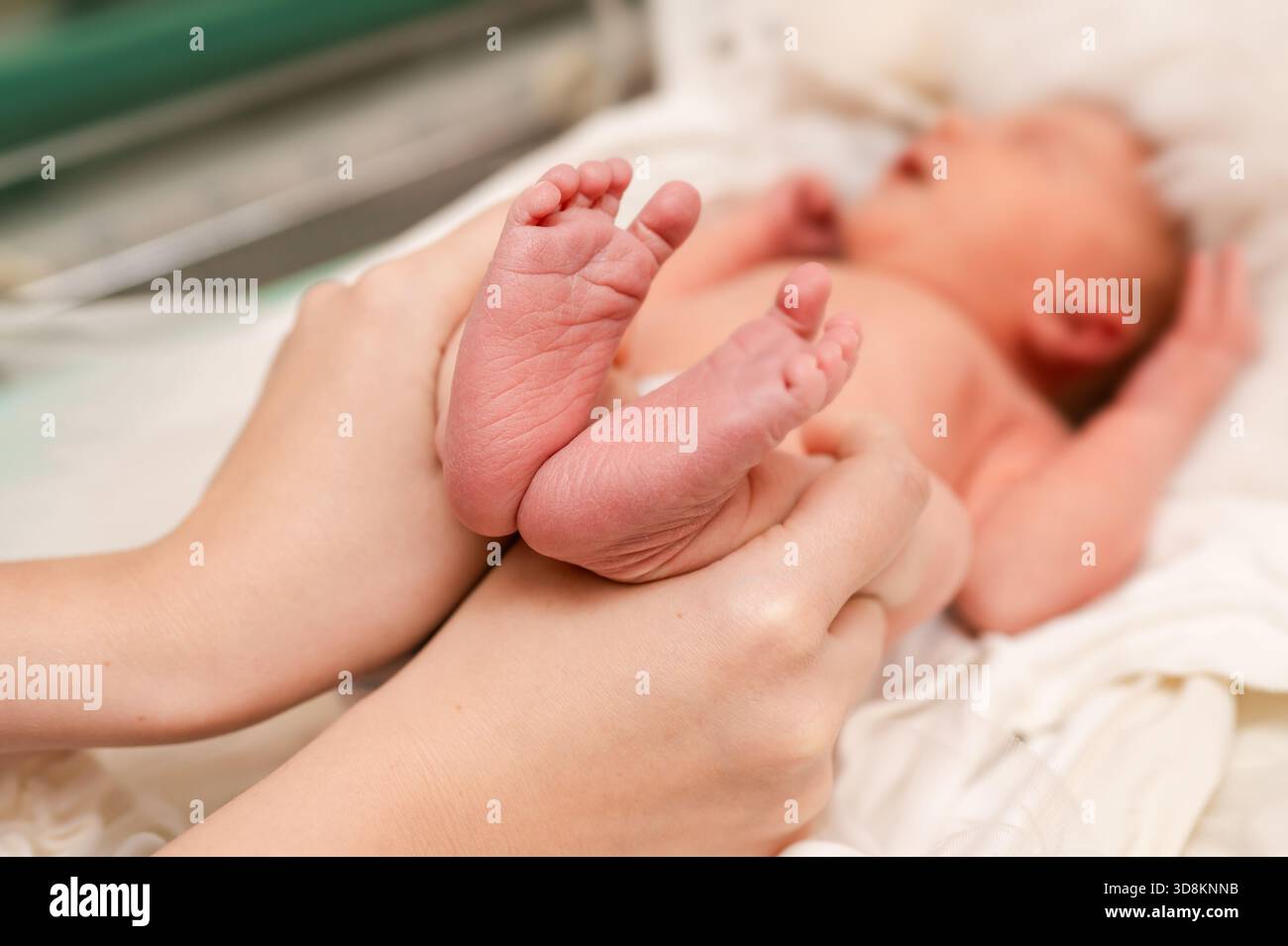 Tenero primo piano di un genitore che tiene i piedi del neonato in un ambiente ospedaliero, simboleggiando la cura, l'amore e i fragili primi momenti della vita Foto Stock