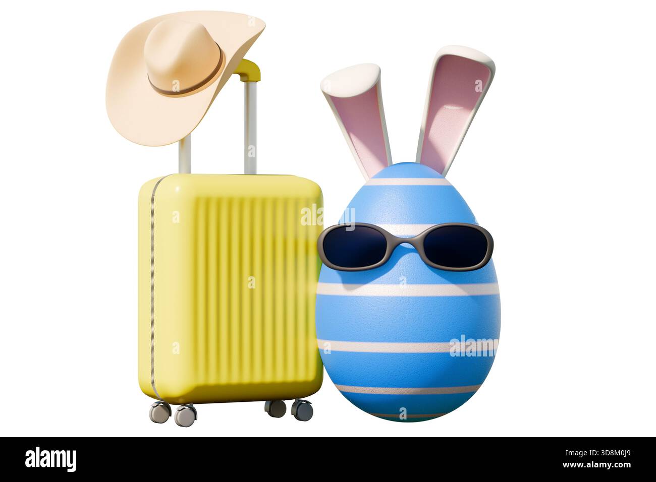 Uovo di Pasqua a righe blu con orecchie conigliette e occhiali da sole accanto a una valigia e un cappello gialli. rendering 3d. Foto Stock