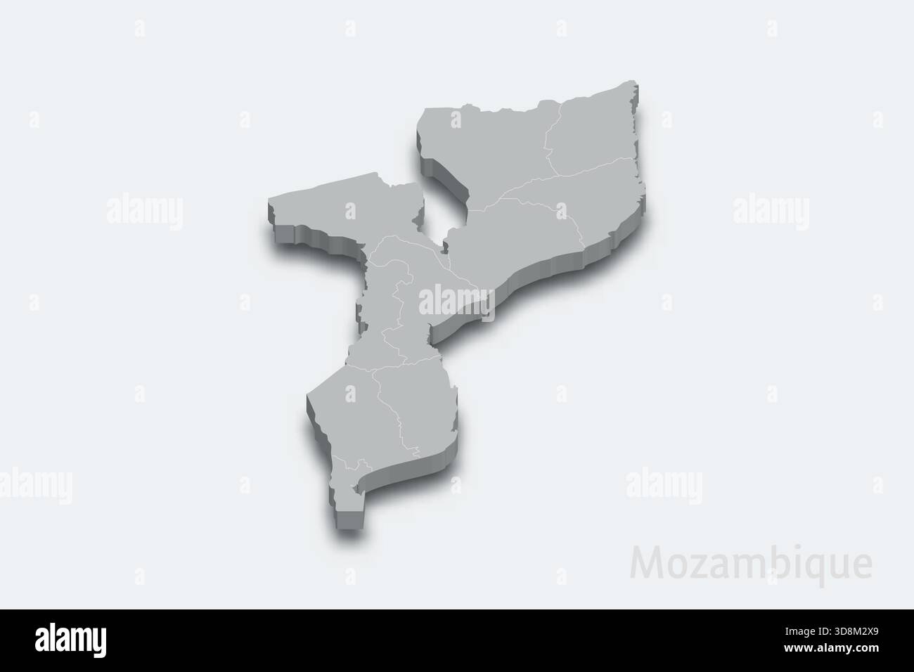 Mappa isometrica 3d del Mozambico con regioni di confine Illustrazione Vettoriale