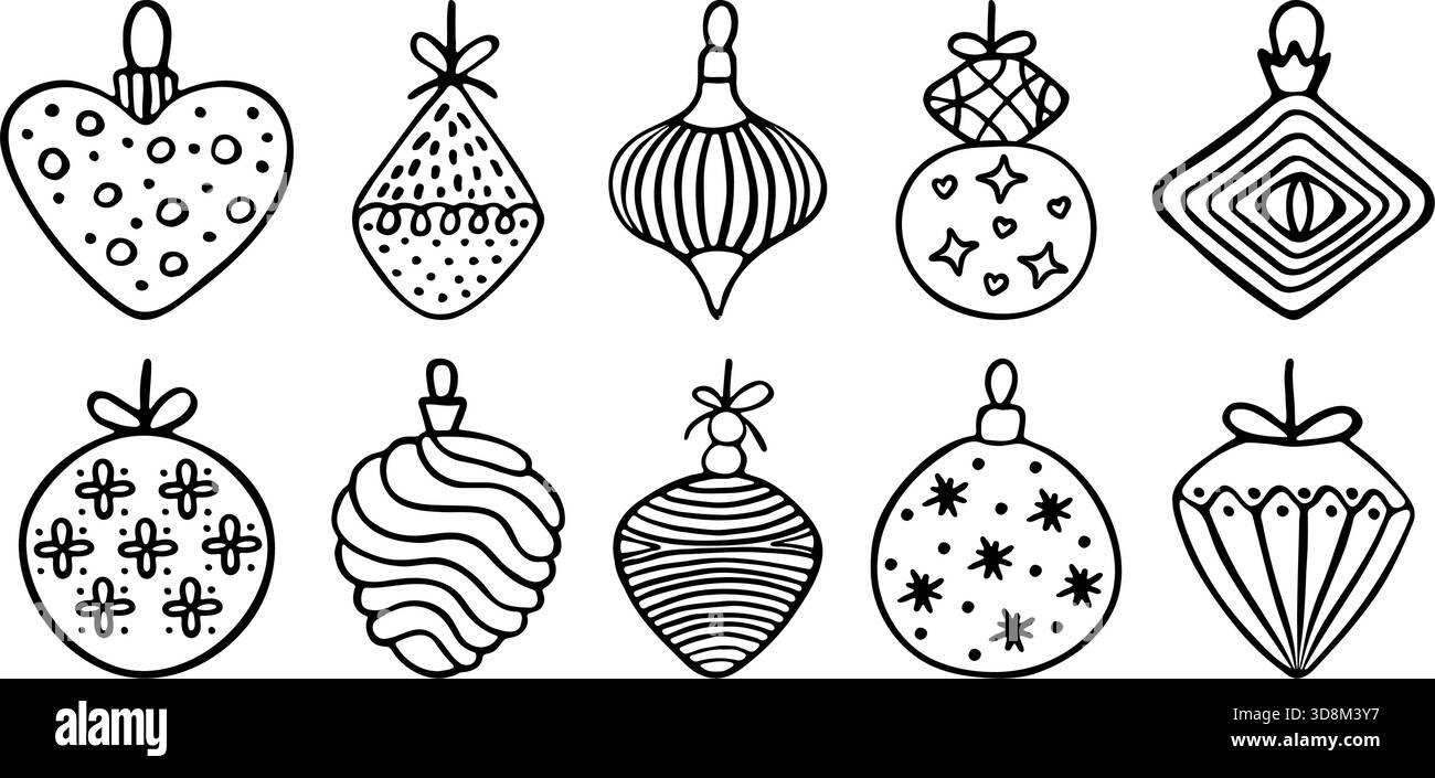 Giocattoli per alberi di Natale con linea nera, set di scarabocchi disegnati a mano vettoriali. Varie decorazioni invernali per abeti, abeti, pini. Delineare i segni decorativi per le conife Illustrazione Vettoriale