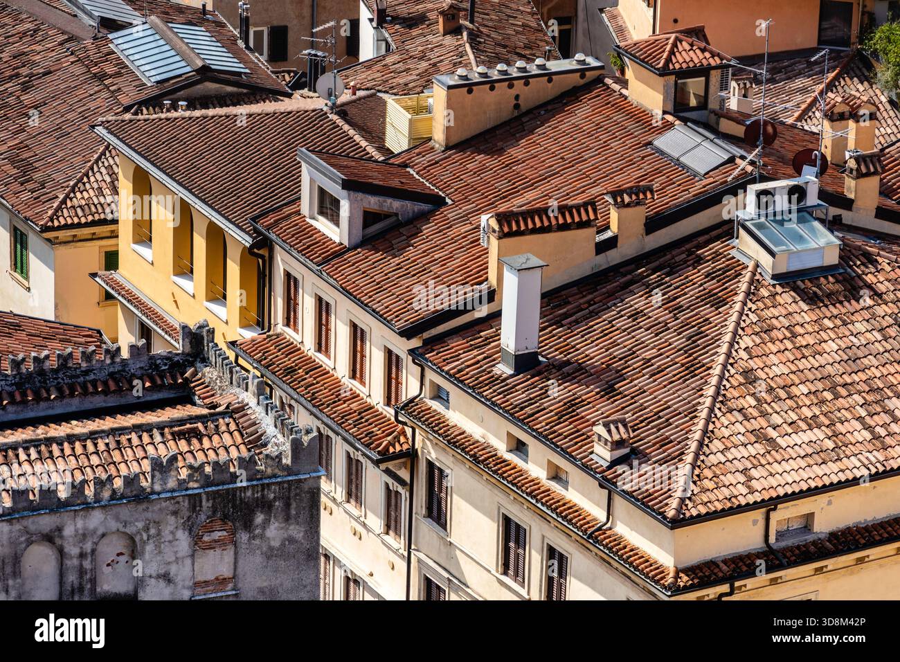 Uno scatto a livello visivo cattura gli intricati dettagli dei tetti di Verona, mostrando le piastrelle di terracotta e gli elementi architettonici. Foto Stock