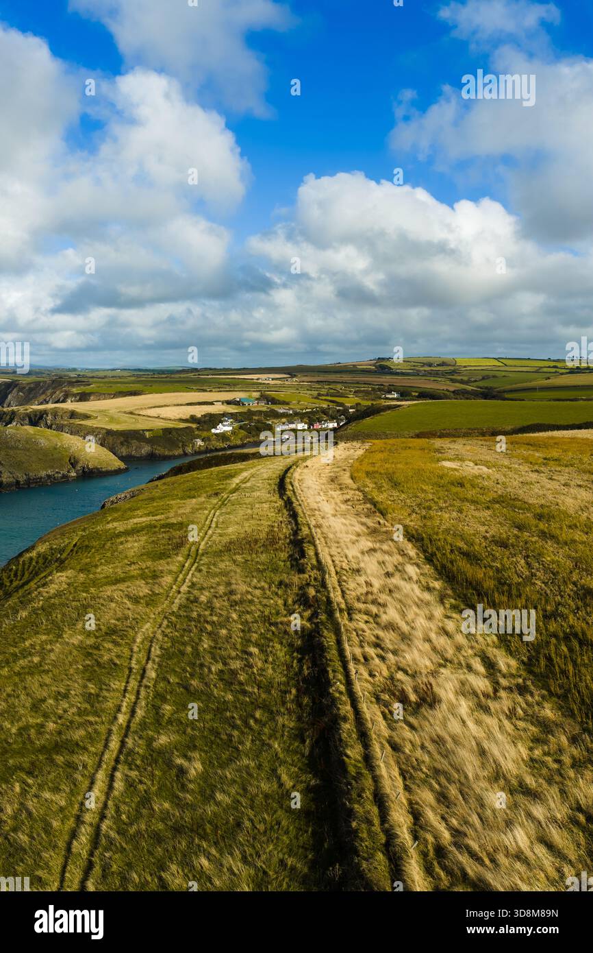 La vista aerea del percorso tortuoso attraverso campi dorati contrasta con il blu profondo della costa, sotto un cielo punteggiato di soffici nuvole, St. Davids Foto Stock