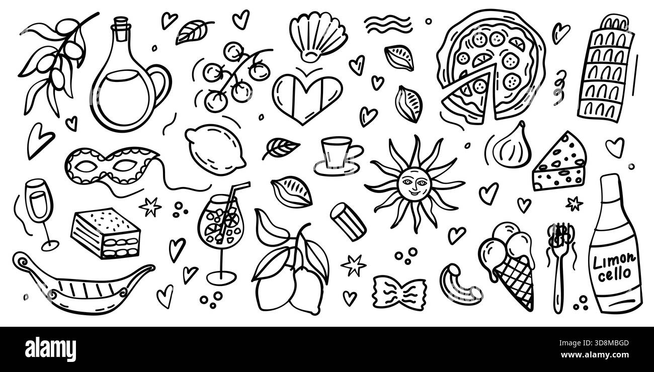 Set di doodle illustrato in Italia con elementi di cucina, gondole, frutta, olive e punti di riferimento riconoscibili disegnati in uno stile minimalista disegnato a mano. Perfec Illustrazione Vettoriale