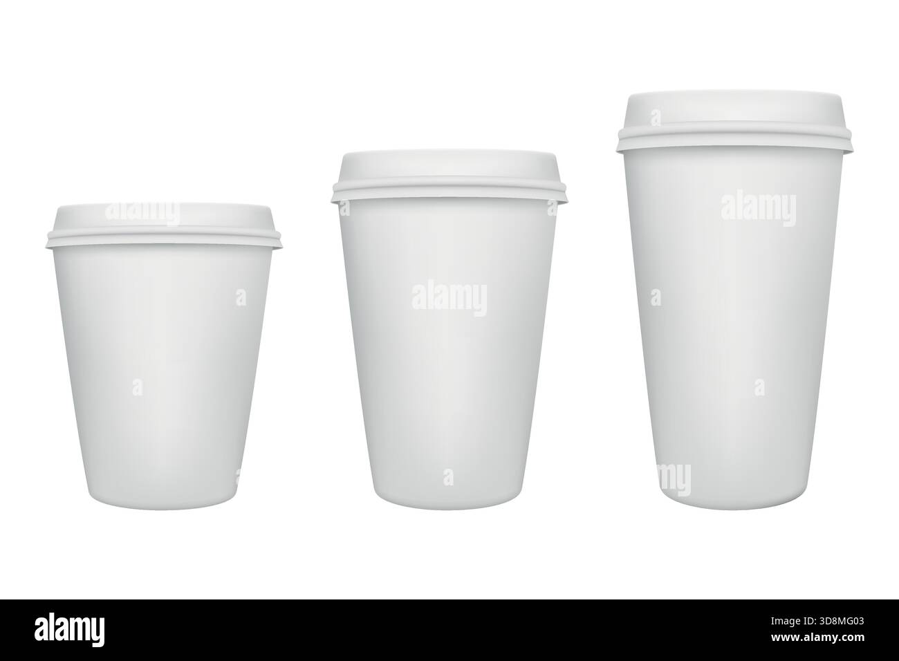 Set tazze da caffè in carta. Tre tazze da caffè in carta bianca con coperchi, tazze da caffè da asporto piccole, medie e grandi, tazza da caffè in carta bianca per caffè Illustrazione Vettoriale