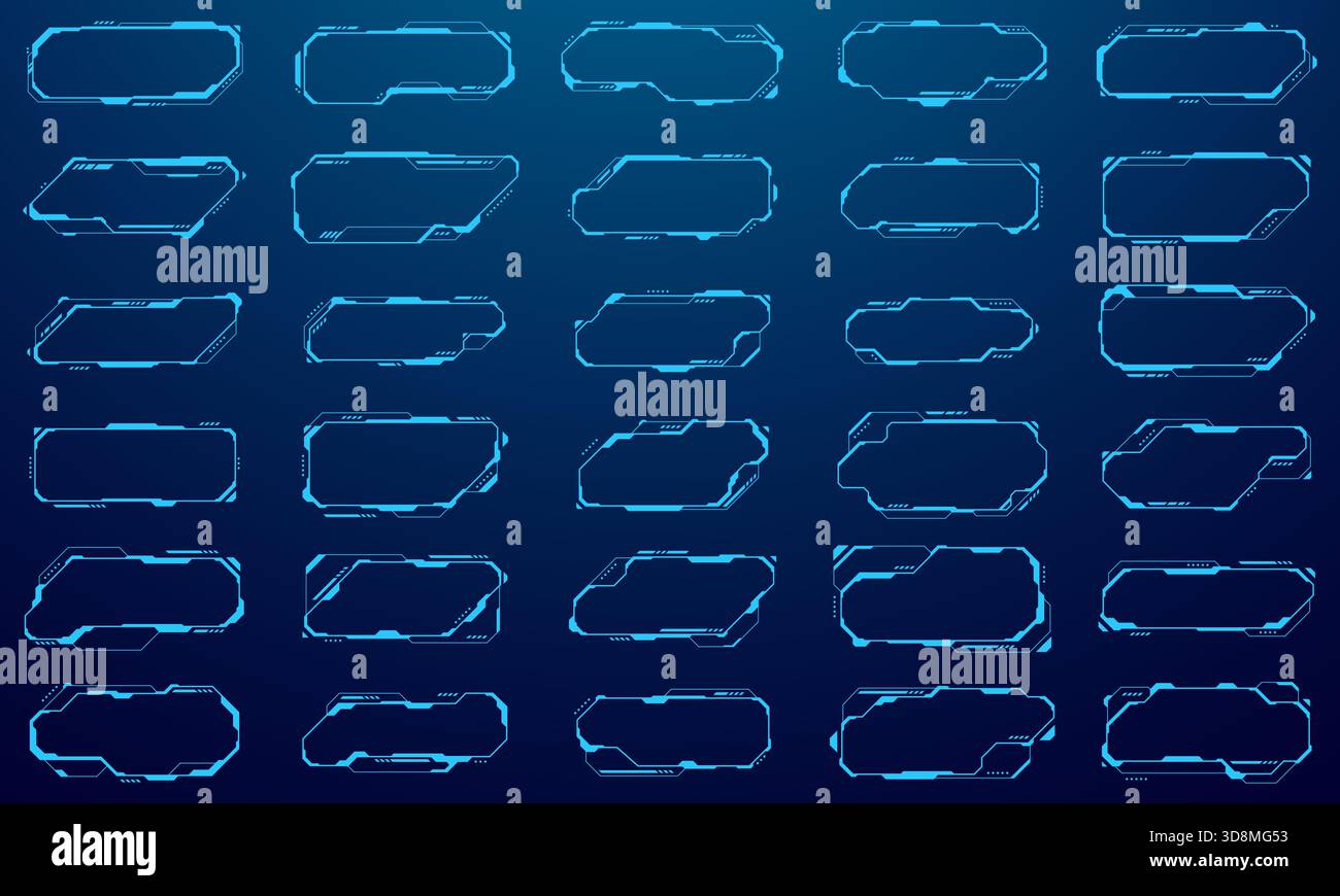 Moderna interfaccia HUD con cornici tecnologiche digitali e didascalia blu brillante Illustrazione Vettoriale