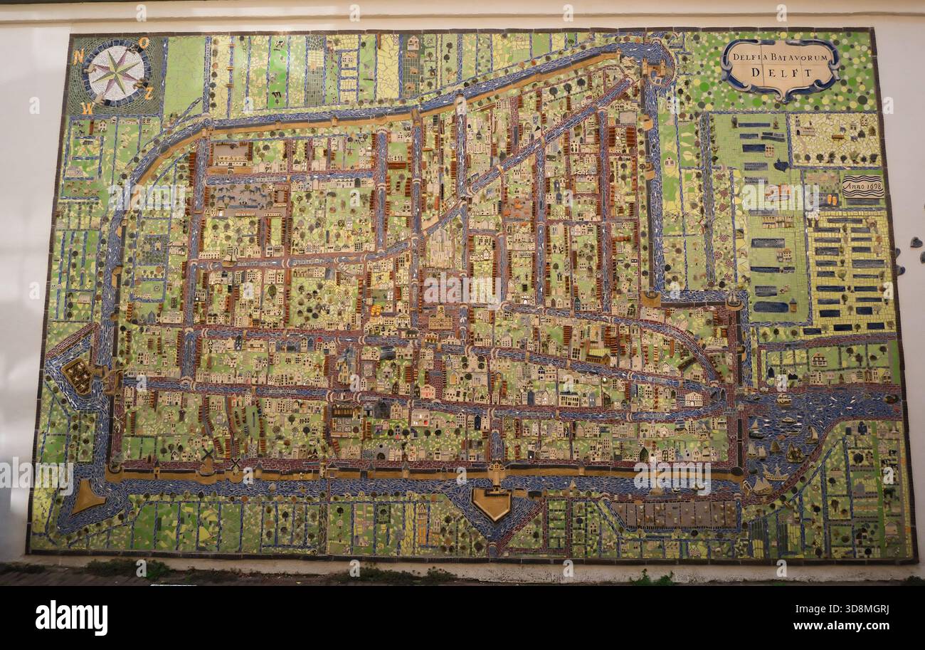 Vecchia mappa stampata che mostra il centro storico di Delft, Olanda. Foto Stock