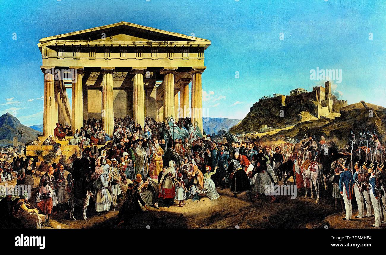 L'INGRESSO DEL RE OTHON DI GRECIA AD ATENE (1839) PETER VON HESS (1792-1871) alto Pinakothek tedesco, Monaco di Baviera, Germania, ( Re Othon (otto) di Grecia (1815-1867) fu il primo monarca del regno greco moderno, un principe bavarese che governò dal 1832 al 1862, stabilendo istituzioni fondamentali come l'Università di Atene ma affrontando sfide con influenza straniera, problemi economici, e instabilità politica, che alla fine porta alla sua deposizione e all'esilio, anche se è ricordato affettuosamente per il suo impegno verso la Grecia. ) Foto Stock