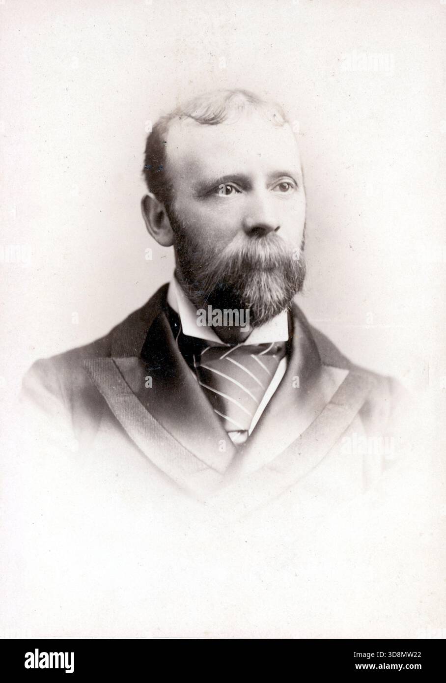 Un solenne gentiluomo vittoriano con barba folta e baffi guarda leggermente fuori dalla fotocamera. Il suo cappotto scuro con ampi revers, camicia bianca e cravatta a righe evocano la formalità del tardo XIX secolo. La morbida vignettatura e la tavolozza monocromatica esaltano l'atmosfera introspettiva. Fotografato da Embers0on e Sons, distribuito in vari outlet di Londra. Da un album fotografico del tardo vittoriano a quello del primo edoardiano, che presentava molte carte di albume e carte de visites, fornendo una finestra sugli stili e le mode dell'epoca. Foto Stock