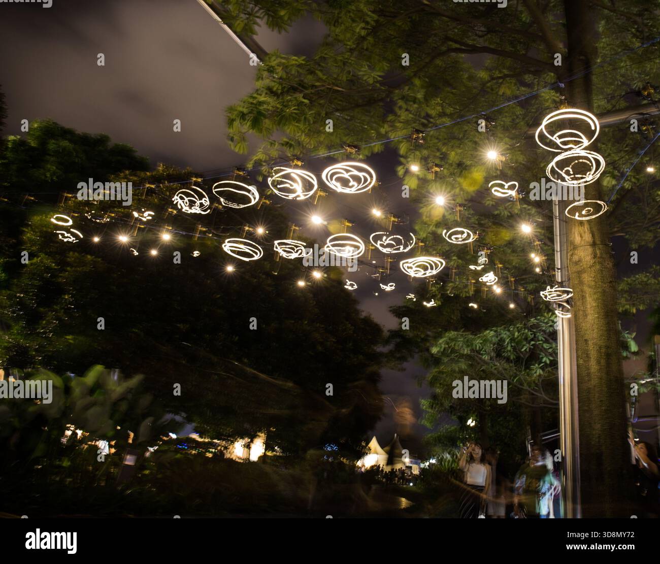 Il sentiero del giardino al crepuscolo illuminato da vorticose luci dorate a corda in alto, crea un magico bagliore di sera circondato da fiori notturni in fiore Foto Stock
