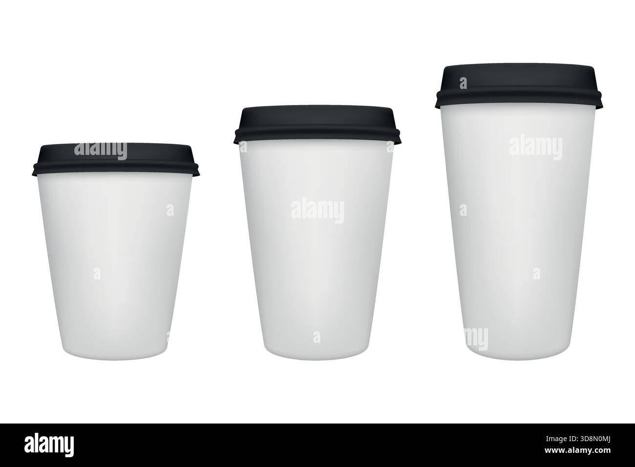 Set tazze da caffè in carta. Tre tazze da caffè in carta bianca con coperchi neri, tazze da caffè da asporto piccole, medie e grandi, tazza da caffè in carta bianca per Illustrazione Vettoriale