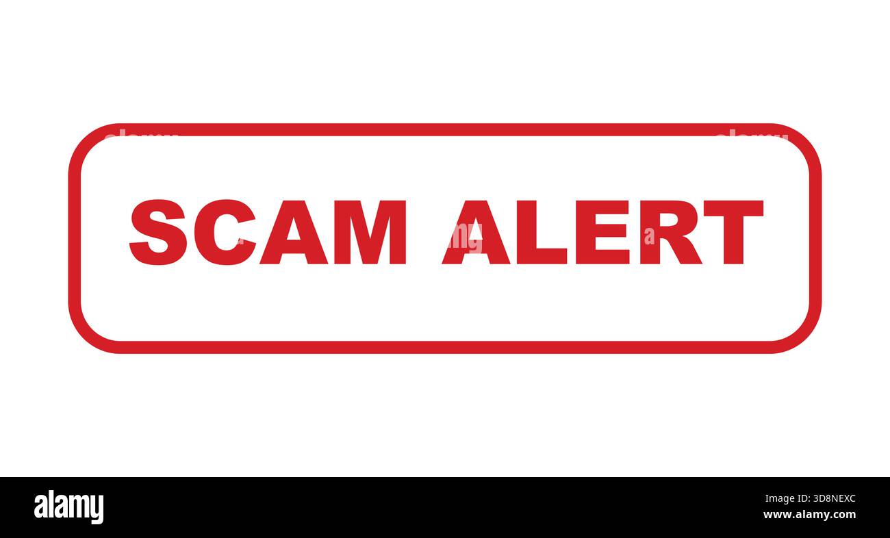Icona di avviso truffa. Timbro rosso con design semplice su sfondo bianco Illustrazione Vettoriale