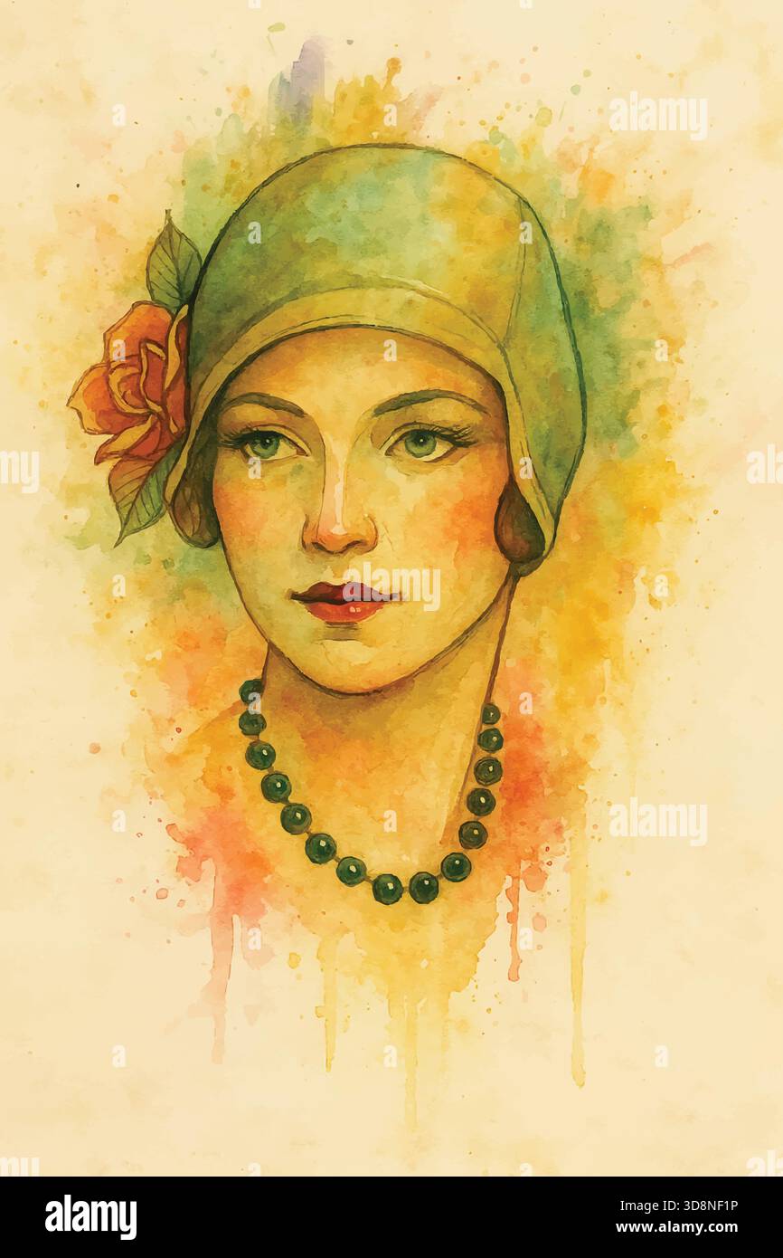 Ritratto ad acquerello di una donna flapper degli anni '1920 che indossa un cappello cloche e un copricapo floreale, illustrato in un vivace stile splash misto. Illustrazione Vettoriale