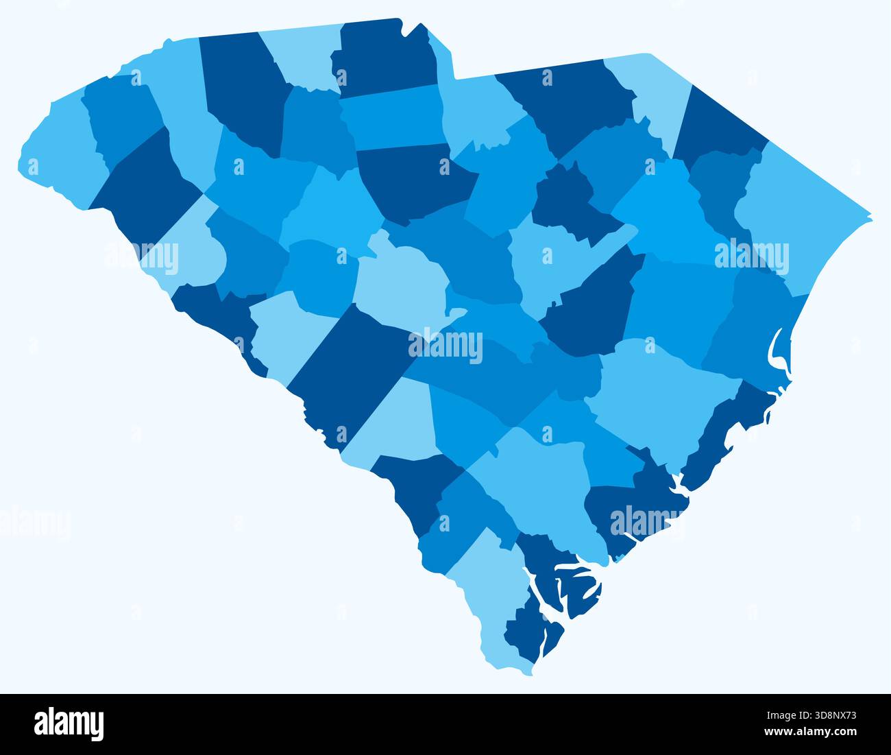 Mappa del South Carolina con le contee. Solo una semplice mappa del confine di stato con la divisione della contea. Tavolozza di colori azzurro. Illustrazione Vettoriale
