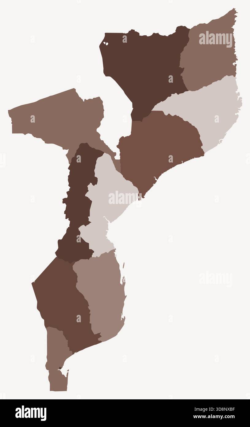 Mappa del Mozambico con le regioni. Solo una semplice mappa di confine con la divisione della regione. Tavolozza dei colori marrone. Illustrazione Vettoriale