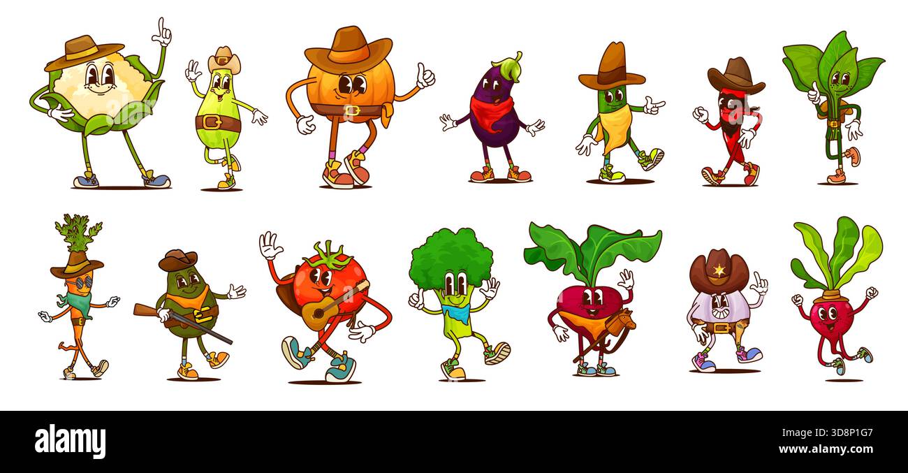 Cartoni animati cowboy e personaggi vegetali di carote hippie retrò, pomodori, pepe e avocado vettoriali. Stravaganti personaggi da cowboy, melanzane e ravanelli del selvaggio West Illustrazione Vettoriale