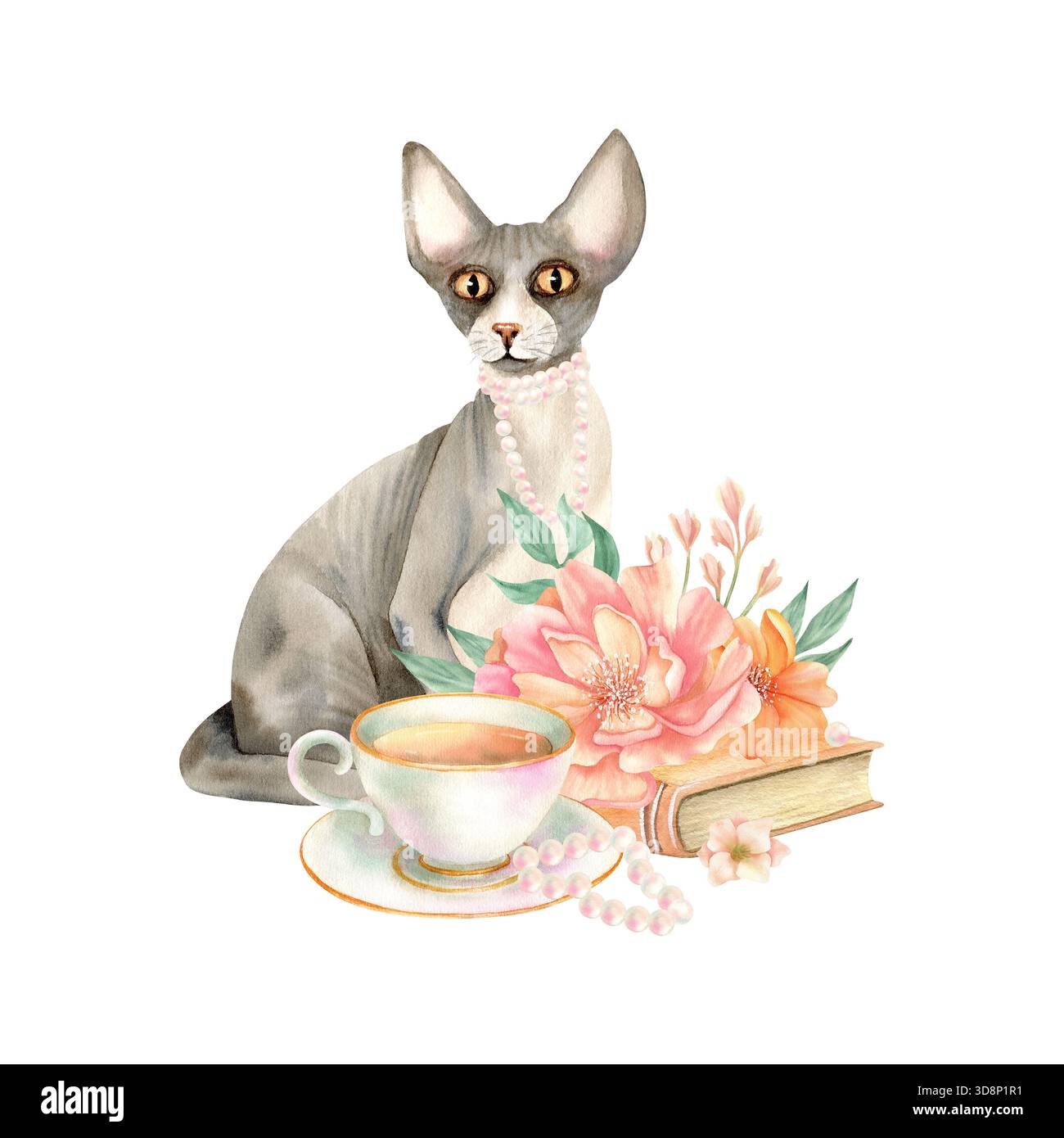 Gatto Sphynx con libro vintage e fiori delicati, tazza di tè in porcellana, collana di perle. Accogliente composizione di una casa primaverile con un ritratto floreale di gattino della Sfinge Foto Stock