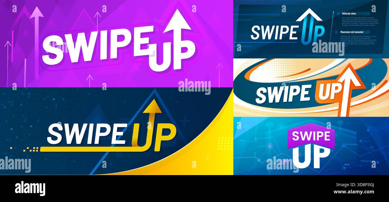 Scorrere verso l'alto i banner con i simboli delle frecce vettoriali. Scorri, scorri o trascina verso l'alto i modelli di post di Call to Action sui social media con forme di freccia moderne, grafici astratti, mezzitoni e sfondo con pattern di pixel Illustrazione Vettoriale
