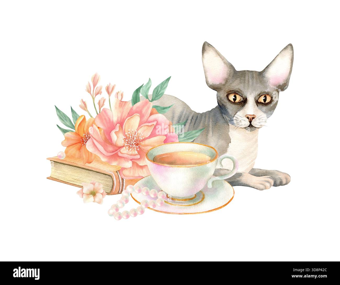 Gatto Sphynx seduto con libro vintage, fiori delicati, tazza di tè in porcellana, gioielli di perle. Accogliente composizione casalinga, adorabile ritratto floreale con gattino Foto Stock