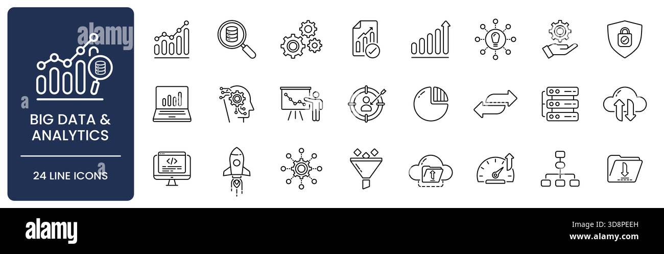 Set di icone Big Data and Analytics Line. Raccolta di analisi, database, elaborazione, apprendimento automatico, report, algoritmo, ricerca, crescita, cloud Illustrazione Vettoriale