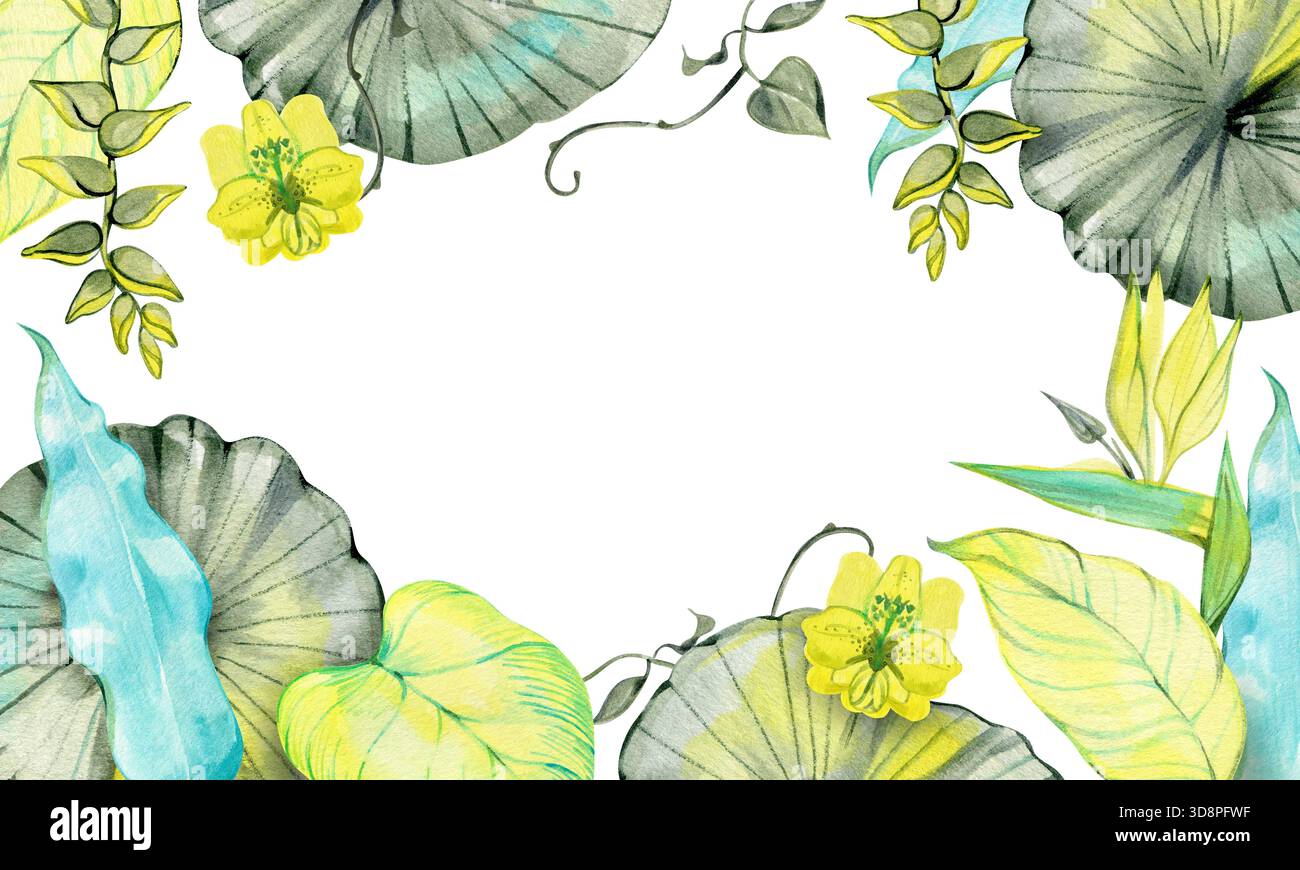 Una delicata cornice tropicale ad acquerello caratterizzata da foglie verdi lussureggianti, fogliame simile a un loto e fiori gialli tenui. Perfetto per inviti e disegni estivi Foto Stock
